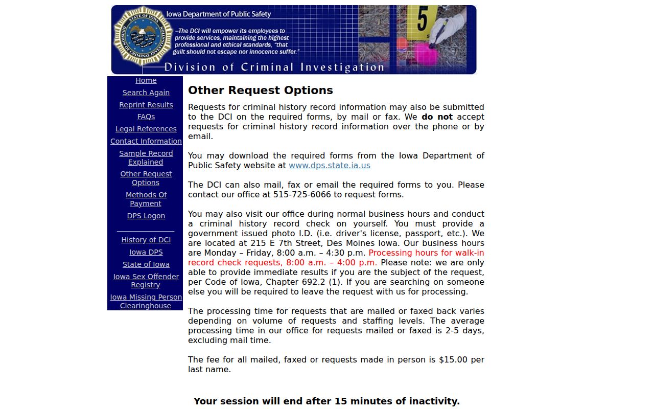 Alternate Iowa DCI request methods for Emmet County arrest history