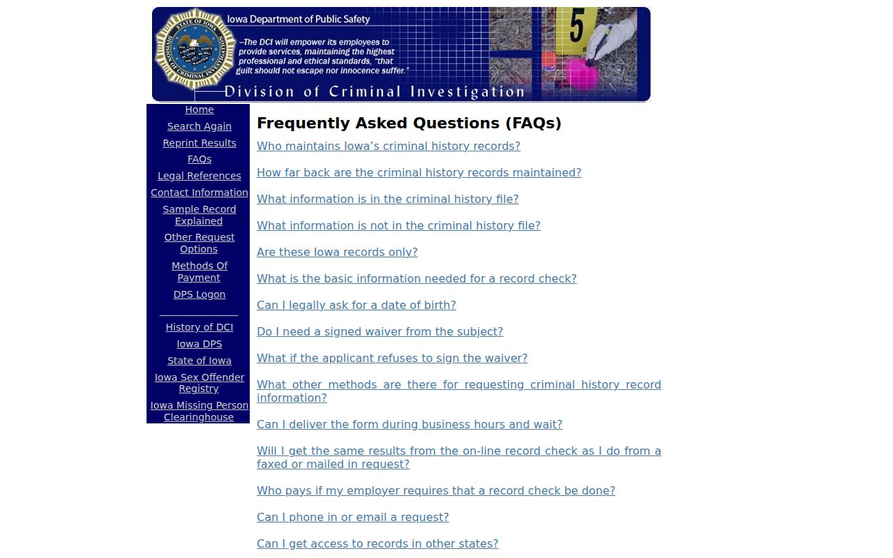 Iowa DCI FAQ covering Emmet County arrest record limits